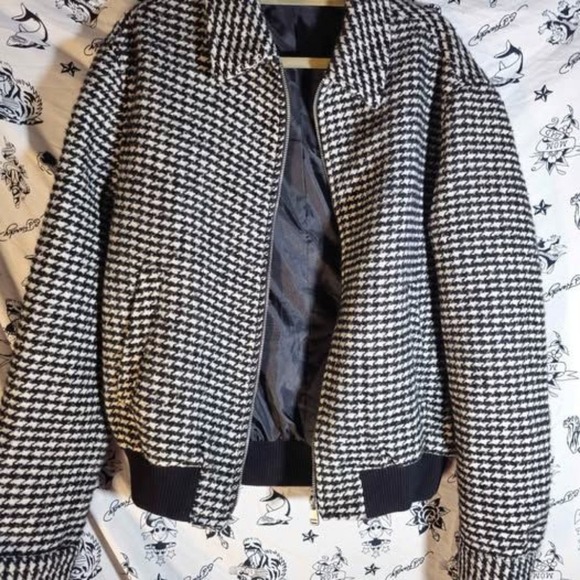 Zara Men's Black And White Houndstooth Zip Up Jacket Large - Picture 2 of 7